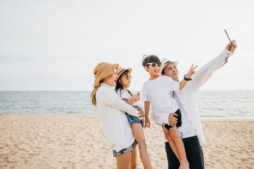 Memorable family time on the beach captured in a cheerful selfie near the sea. Laughter joy and togetherness radiate in this beautiful snapshot of their summer vacation. Family on beach vacation