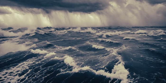 The power of a destructive hurricane by capturing the immense storm surge flooding coastal areas, showcasing the relentless force of nature's wrath. Panorama
