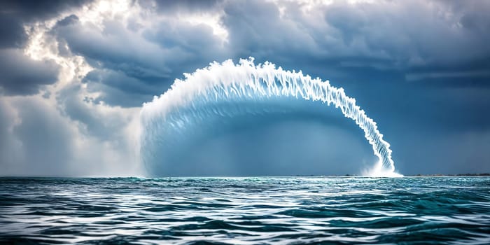 The mesmerizing spiral pattern of a waterspout forming over a body of water, highlighting the ethereal beauty of this natural phenomenon before it dissipates. Panorama