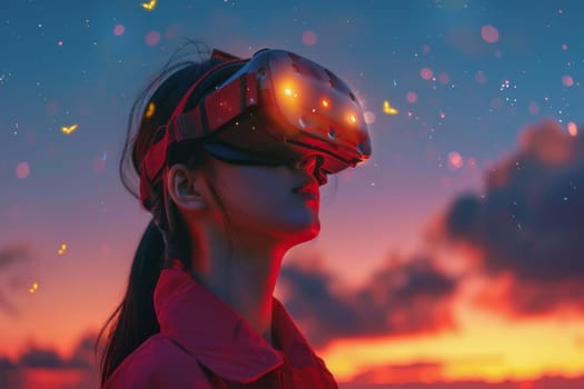 A woman wearing VR headset user, surreal world and virtual reality, colorful flowers fields. Generative AI.