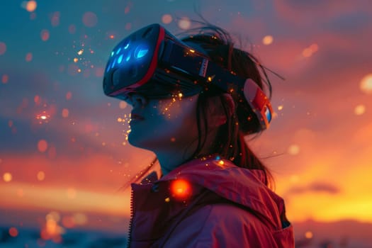 A woman wearing VR headset user, surreal world and virtual reality, colorful flowers fields. Generative AI.