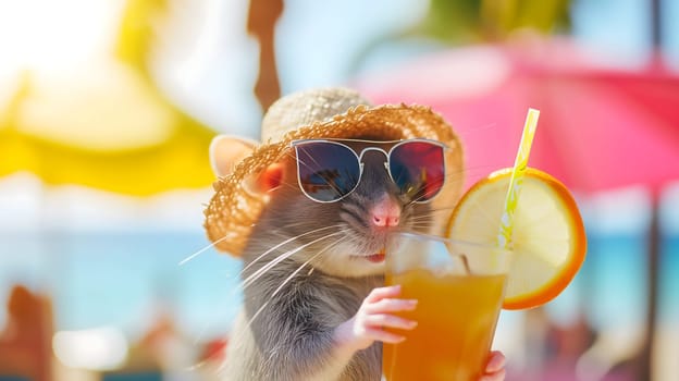 Funny rat with a cocktail on summer vacation. Neural network generated image. Not based on any actual scene or pattern.