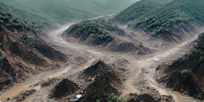 The aftermath of a massive landslide in a mountainous region, highlighting the chaotic debris flow and devastation left in its wake. Panorama