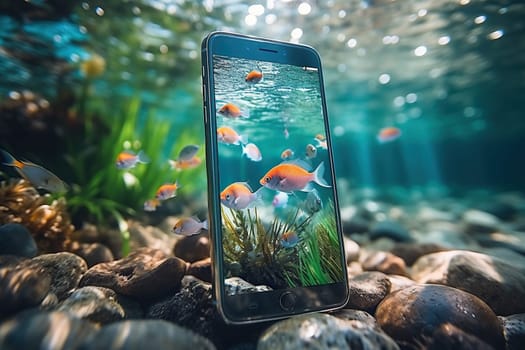 Smartphone underwater with photos of exotic fish on the screen.