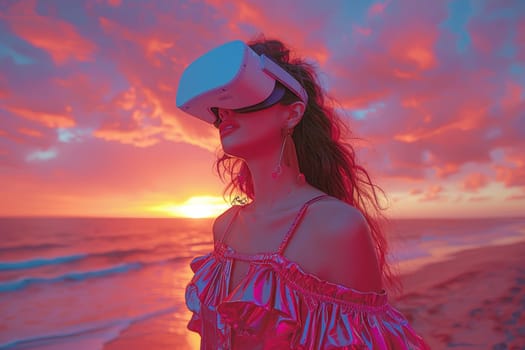 A woman wearing VR headset user, surreal world and virtual reality, colorful flowers fields. Generative AI.