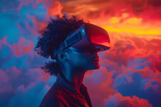 A woman wearing VR headset user, surreal world and virtual reality, colorful flowers fields. Generative AI.