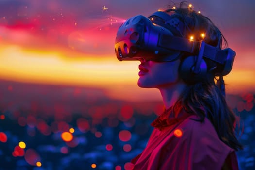 A woman wearing VR headset user, surreal world and virtual reality, colorful flowers fields. Generative AI.