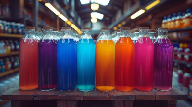 A row of bottles filled with different colored liquids on a shelf