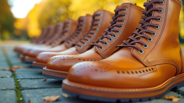 A row of brown boots lined up on a brick walkway