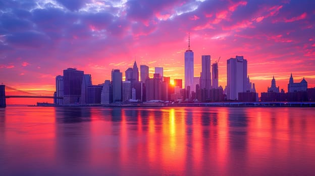 A city skyline with a sunset over the water