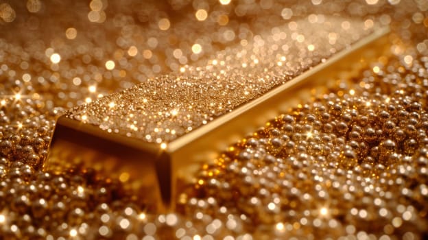 A gold bar sitting on a pile of shiny beads