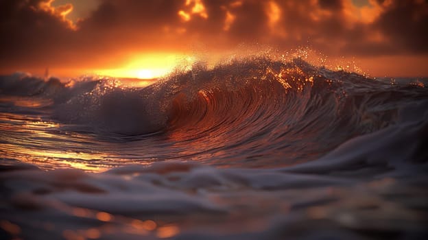 A wave is breaking on the ocean at sunset