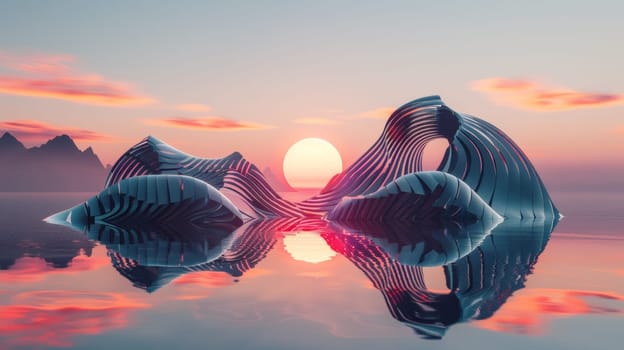 A sunset over a body of water with some abstract shapes