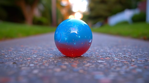 A blue and red ball sitting on the ground in a driveway