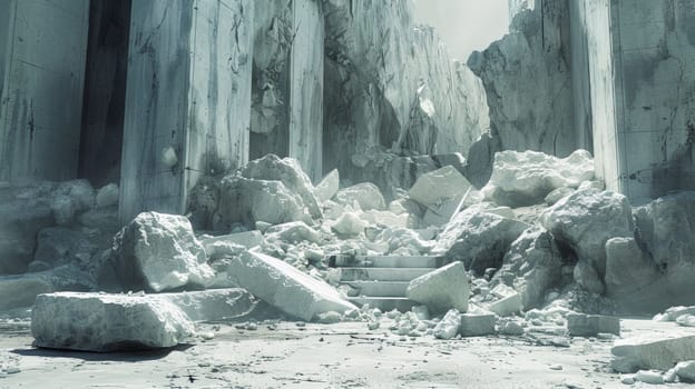 A large pile of rocks and rubble in a cave