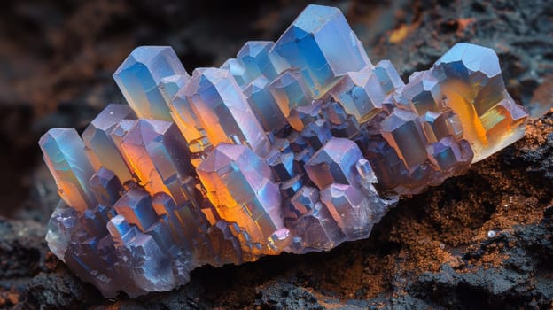 A close up of a colorful crystal on the ground