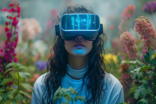 A woman wearing VR headset user, surreal world and virtual reality, colorful flowers fields. Generative AI.