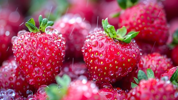 A close up of a bunch of strawberries with water droplets on them