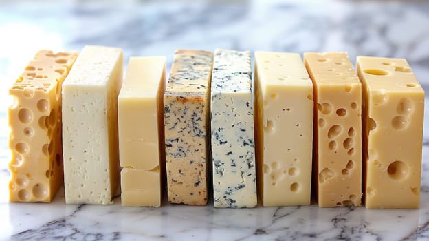 A group of different types and sizes of cheese on a marble counter