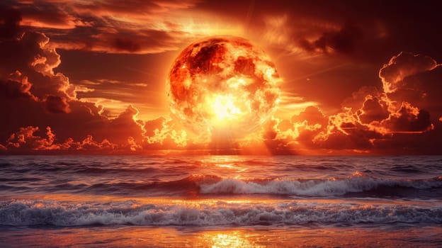 A large orange ball of fire is seen in the sky