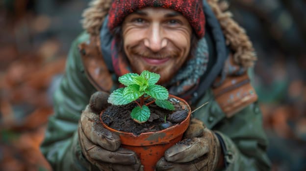 A man with a potted plant in his hands smiling