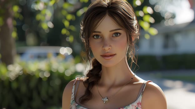 A woman with long brown hair and a necklace standing in front of trees