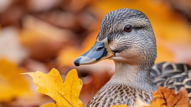 A duck sitting on a pile of leaves in the fall