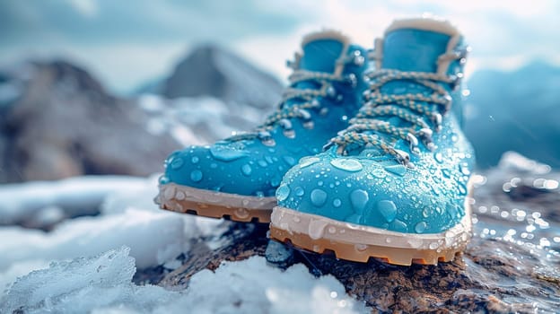 A pair of a blue shoe sitting on top of some rocks