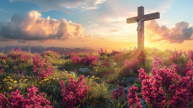 A cross on top of a hill surrounded by flowers