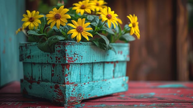 A close up of a wooden crate with yellow flowers in it