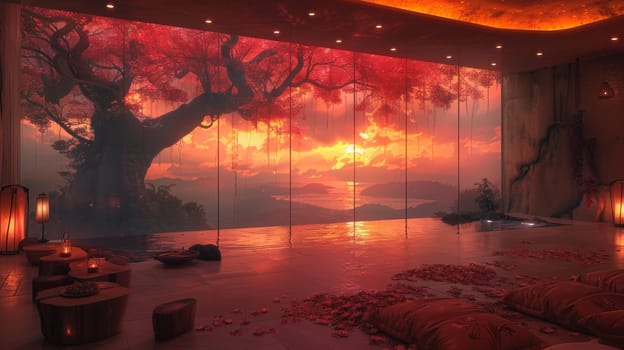 A room with a large tree in the background and candles