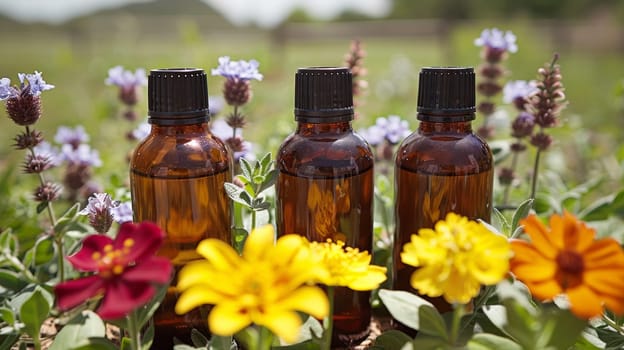 Three bottles of essential oils are surrounded by flowers