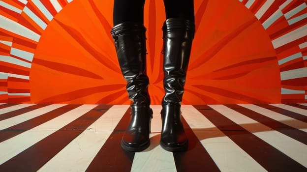 A woman in black boots standing on a striped floor