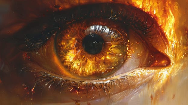 A close up of a painting with an eye that is on fire