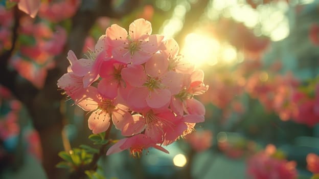 A close up of a pink flower with the sun shining through it