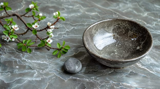 A stone and a bowl on marble countertop with flowers