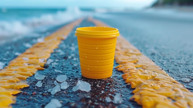 A yellow cup sitting on a road with water and ice