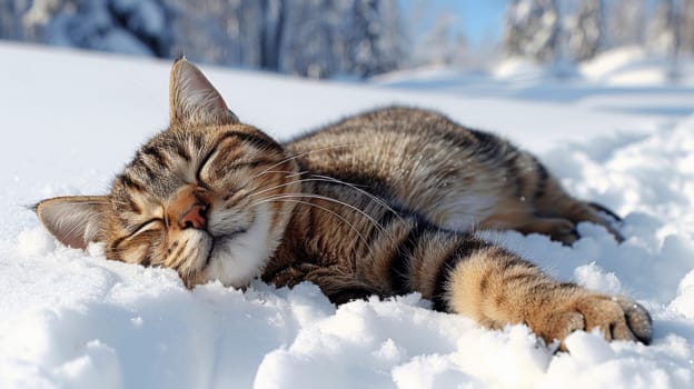 A cat laying in the snow with its eyes closed