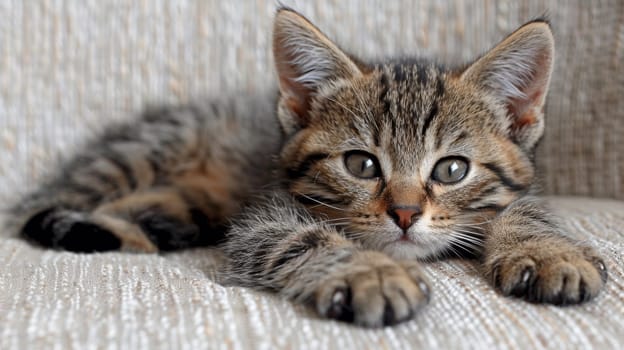 A small kitten laying on a couch with its eyes closed