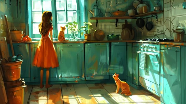A woman in an orange dress standing by a window with two cats