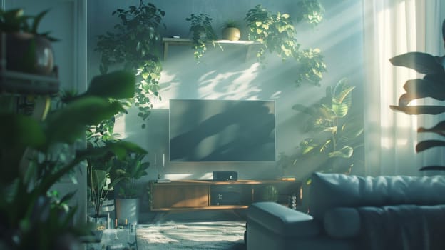 A living room with a tv and plants in the corner