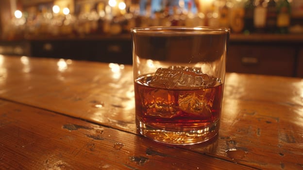 A glass of a drink sitting on top of the bar