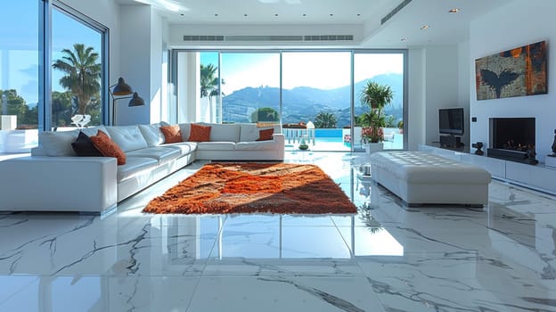 A living room with a large white couch and orange rug