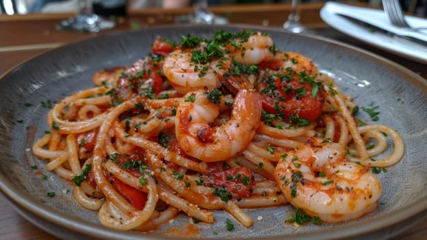 A plate of a pasta dish with shrimp and tomatoes