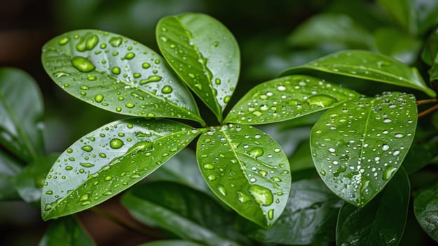 A close up of a green leaf with water droplets on it