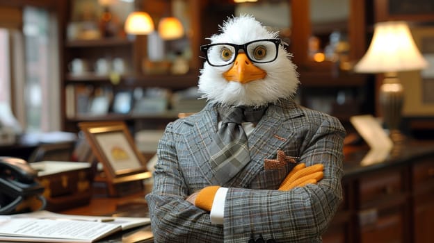 A stuffed bird wearing a suit and tie with glasses