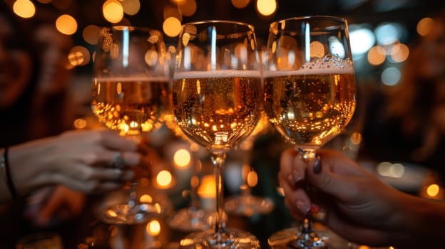 A group of people holding glasses filled with champagne at a party