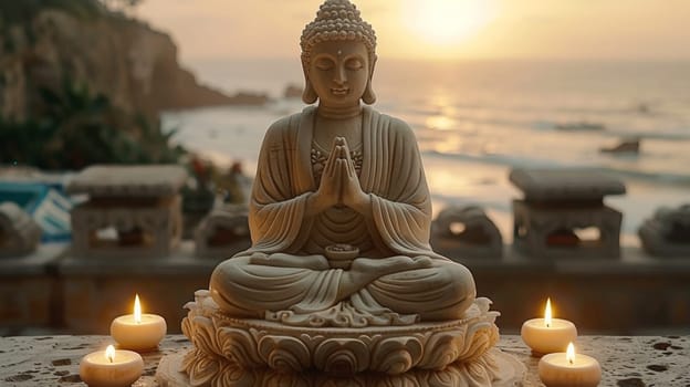 A buddha statue sitting in front of candles on a table