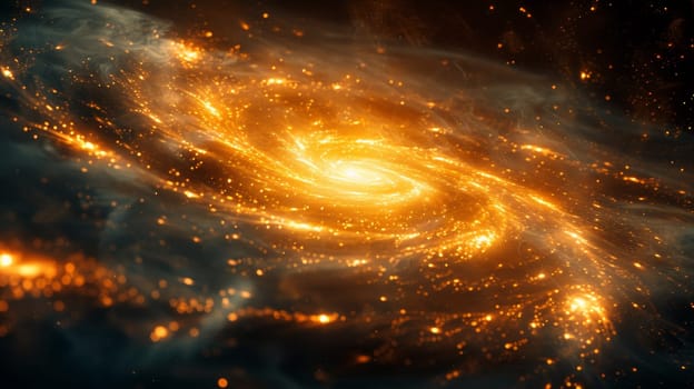 A spiral galaxy with bright yellow and orange lights