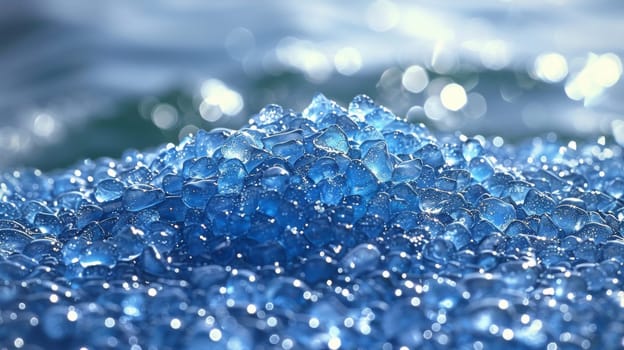 A close up of a pile of blue water beads